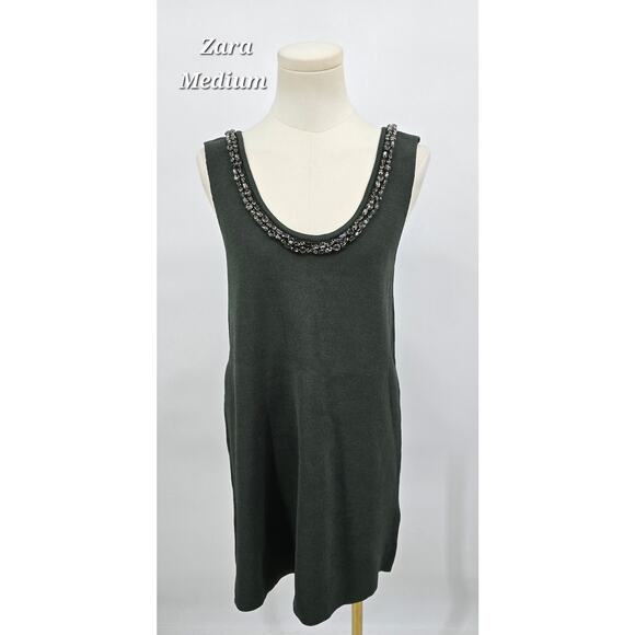 Zara Dark Olive Beaded Scoop Neck Sweater Dress – Size M – NWT - Picture 2 of 6